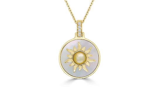 yellow gold pendant necklace featuring mother of pearl and a gold sun motif