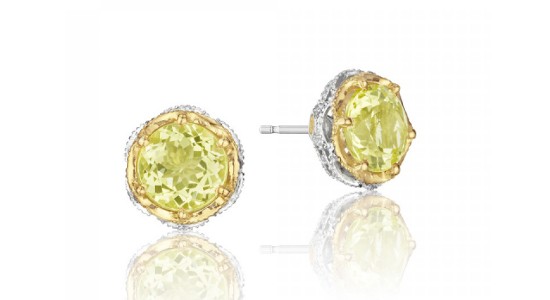 mixed metal stud earrings featuring yellow quartz center stones