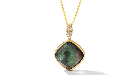 a yellow gold pendant necklace featuring a princess cut green amethyst