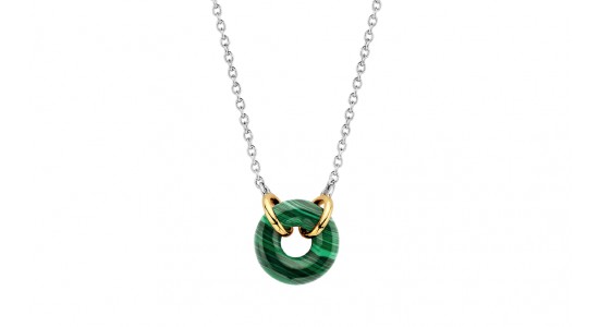 a mixed metal pendant necklace featuring a green malachite ring