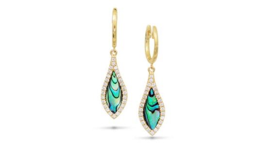 a pair of yellow gold drop earrings with green and blue abalone