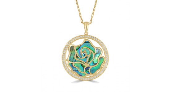 a yellow gold pendant necklace with a rose motif made of natural shell material