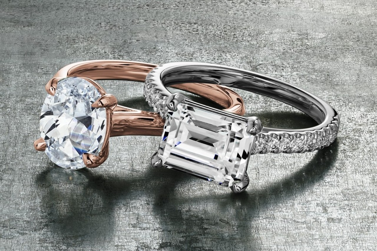 two diamond engagement rings by Noam Carver